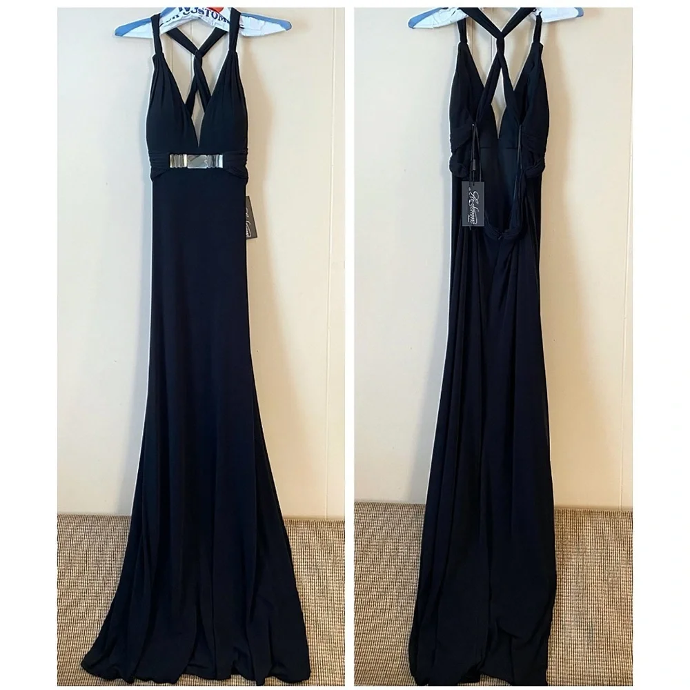La Femme Black Sleeveless Embellished Jersey Gown | Dress